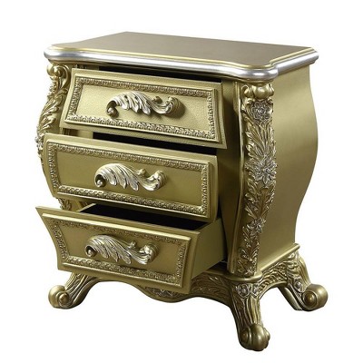 Gold Finish 3-Drawer Cabriole Nightstand with Floral Motifs