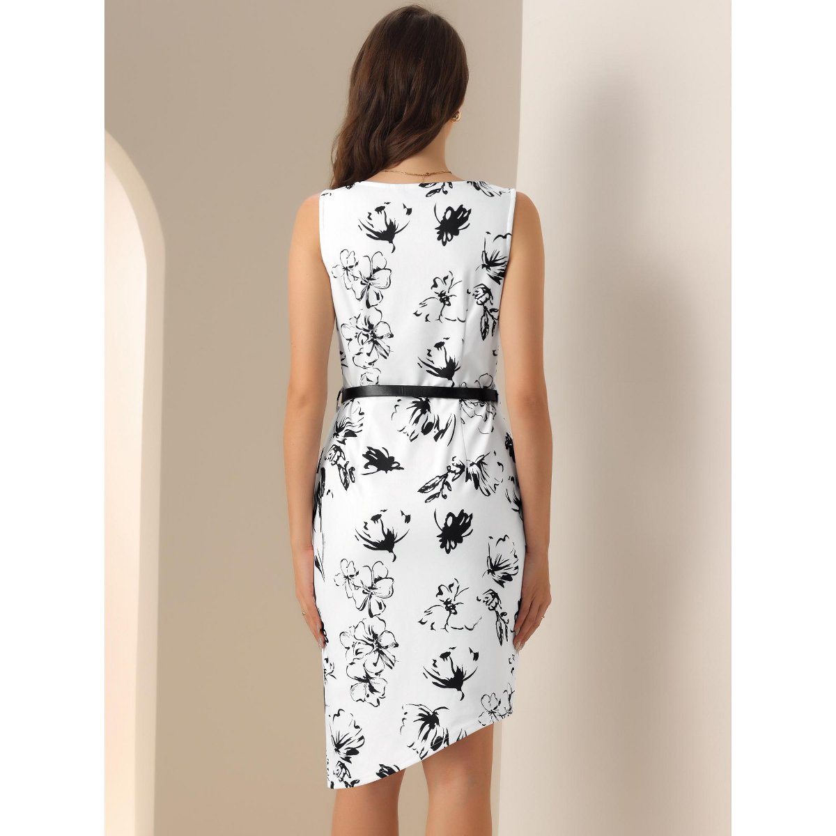 Женские платья INSPIRE CHIC Women's Sleeveless Belted Boat Neck Sleeveless Asymmetrical Hem Work Dresses White X-Large — фото 4