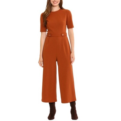 EG PRO Women Crepe Jumpsuit Crew Neck Short Sleeve Zipper Closure Straight Leg Scuba