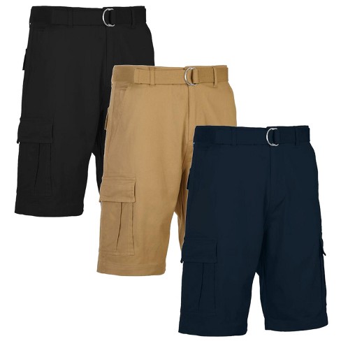 BLU ROCK Men's 3-Pack Cotton Flex Stretch Cargo Shorts With Belt - Size 38  - Black - Khaki - Navy