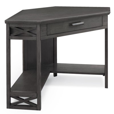 Smoke Gray Real Oak Corner Desk with Keyboard Tray and Drawer