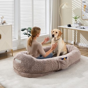 Human Dog Bed for Adult, 64.9" x 41.3" Large Giant Shared Bed for People Pets,Washable Faux Fur Removable,Bean Bag with Handle Side Pocket - 1 of 4