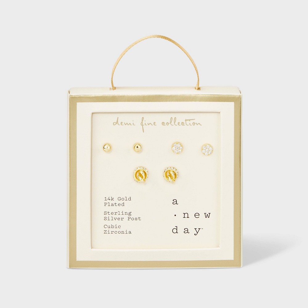 Photos - Earrings 14K Gold Plated Ball Stud Cubic Zirconia Pave Disc and Knot Stud Earring Set 3pc - A New Day™ Gold: Brass, Nickel-Free