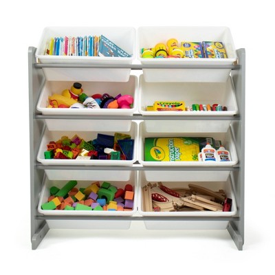 white toy organizer with bins