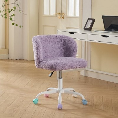 RISOKEYS ‌Office Chair - Faux Fur Makeup Vanity Chair, Adjustable Swivel Desk Chair with Sturdy Metal Base and Colored Wheels,for Home,Office