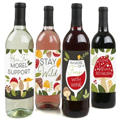 Big Dot of Happiness Wild Mushrooms - Red Toadstool Party Decorations for Women and Men - Wine Bottle Label Stickers - Set of 4
