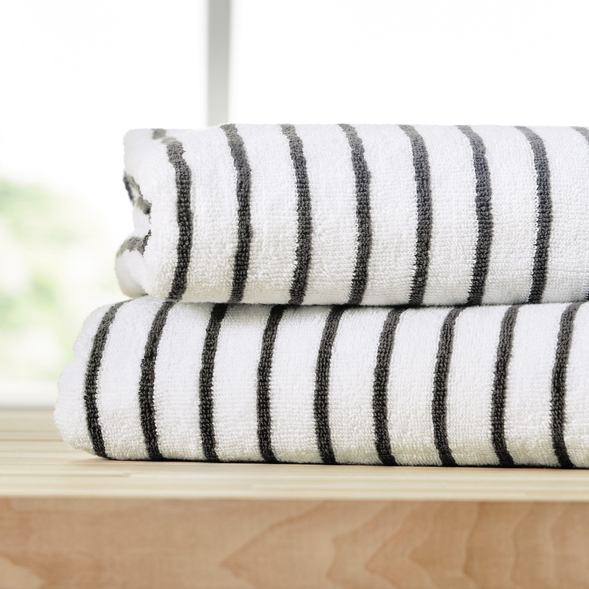 Cabana Stripe 100% Cotton Pool and Beach Towels - Oversized, Absorbent, Quick-Dry Towels - Becky Cameron, Gray, Pack of 2