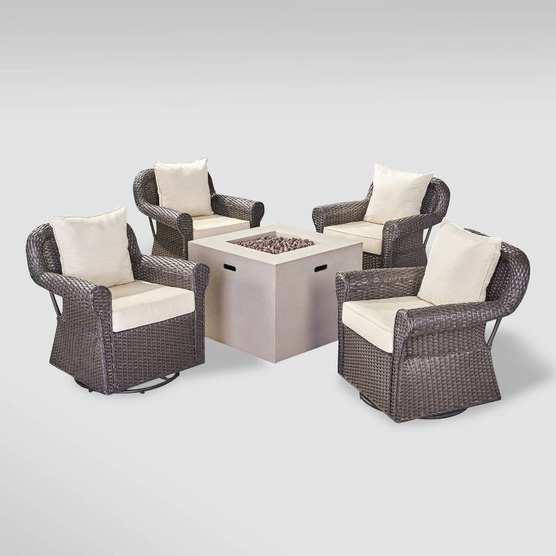 Julian 5pc Swivel Club Chair and Fire Pit Set - Brown/Light Gray - Christopher Knight Home, 3 of 7