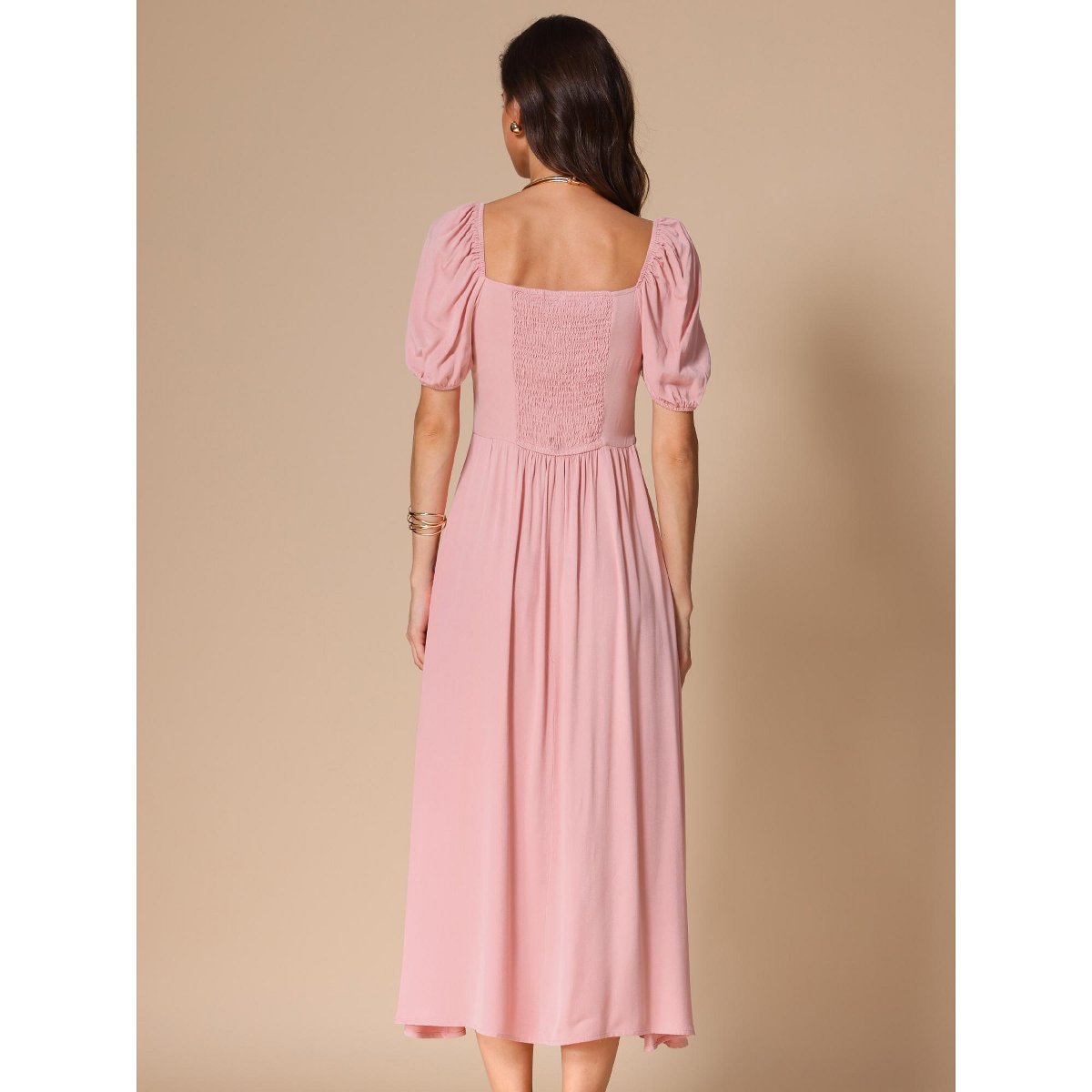 Женские платья INSPIRE CHIC Women's Puff Sleeve Square Tie Neck Split Smocked Boho Split Long Dress X-Large Pink — фото 3