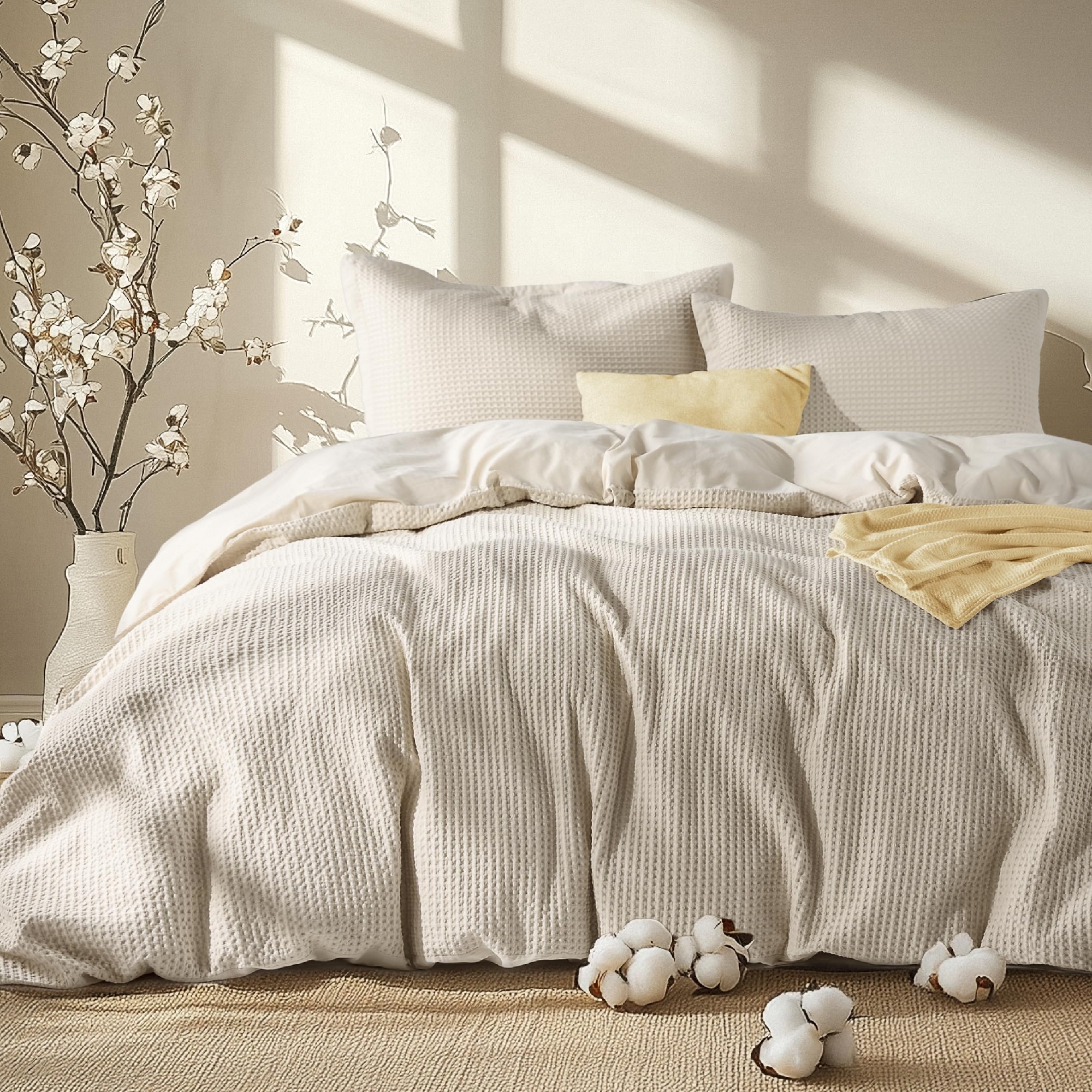 3 Pcs Waffle Comforter Set Soft Cotton Bedding Set Premium Cotton Cover with Polyester Fill for All Seasons Queen, Beige