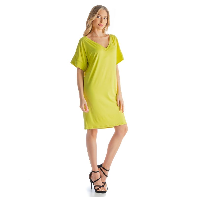24seven Comfort Apparel Solid Color Loose Fit V Neck T Shirt Style Womens Knee Length Dress, 2 of 7