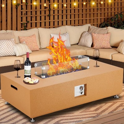 Acekool Square Propane Gas Fire Pit Table Set, Outdoor Patio Table, Wind Guard, Fire Glass Beads, Rain Cover, 50,000 BTU, for 8-12 Person Gathering