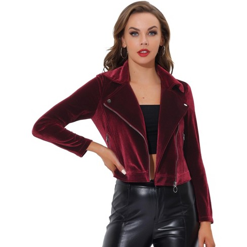 Allegra K Women's Velvet Zipper Lapel Collar Moto Biker Jacket - image 1 of 4