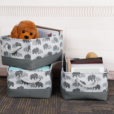 3 Pcs 16" x 12.2" x 8.3" Cotton Foldable Elephant Pattern with Handles Storage Bin Box Gray  - PiccoCasa