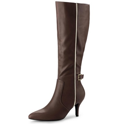 Allegra K Women's Pointy Toe Buckle Decor Side Zip Stiletto Heel Knee High Boots
