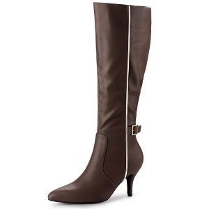 Allegra K Women's Pointy Toe Buckle Decor Side Zip Stiletto Heel Knee High Boots - 1 of 4
