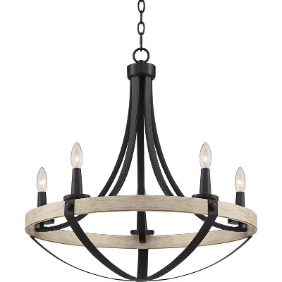 Franklin Iron Works Whitewash Wood Black Finish Round Chandelier 26" Wide Rustic Farmhouse 5-Light Fixture Dining Room House Foyer