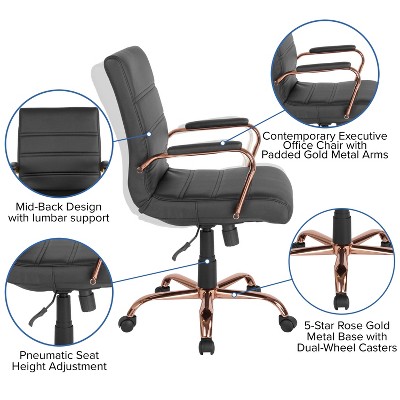 Mid-Back Black Faux Leather Office Chair with Rose Gold Accents