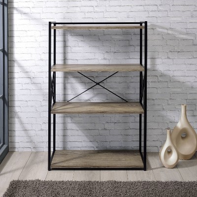 47" Gray Wood and Black Metal Transitional Bookcase