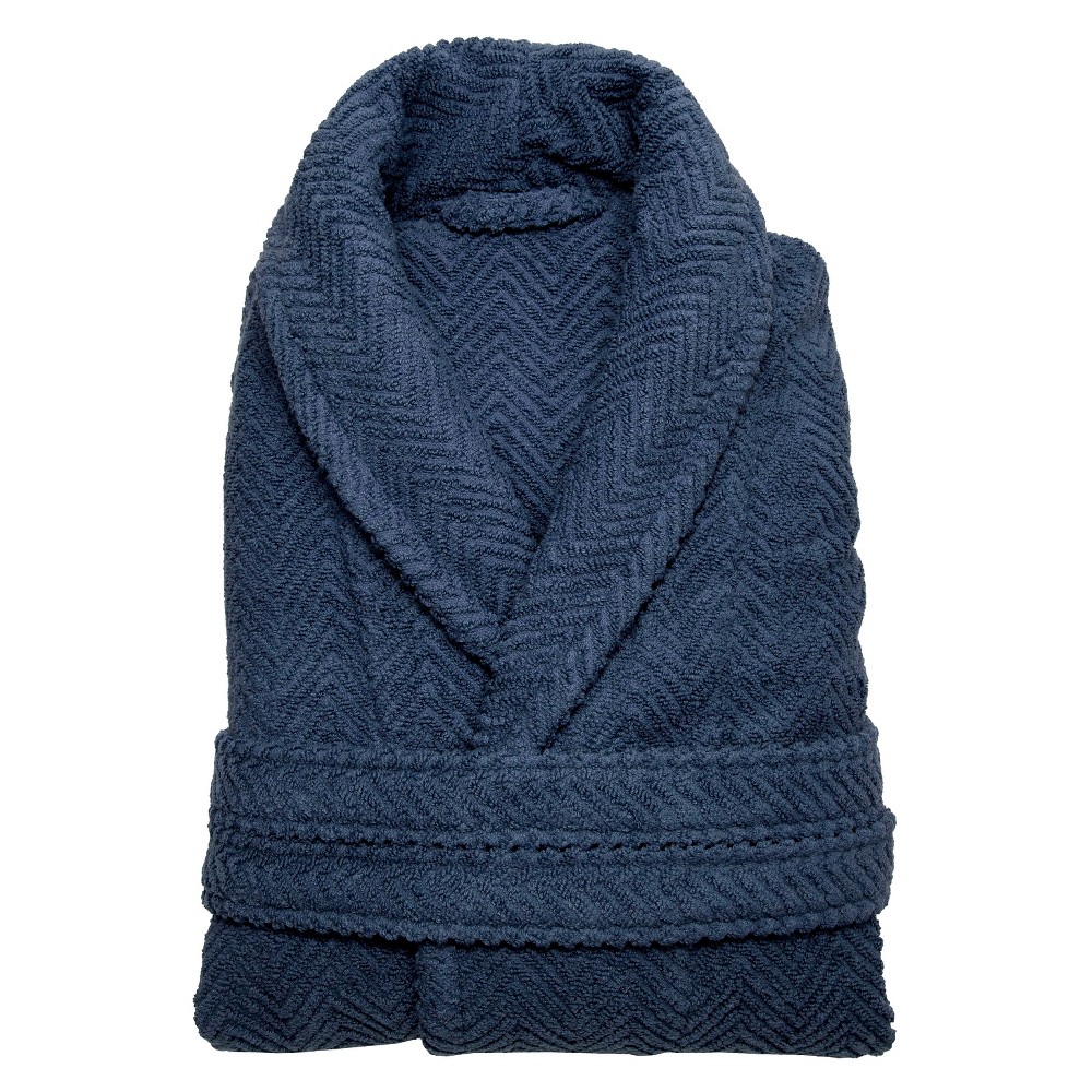Herringbone Weave Unisex Bathrobe Midnight Blue S/M - Linum Home: 100% Cotton, Shawl Collar, Long Sleeve, Patch Pocket