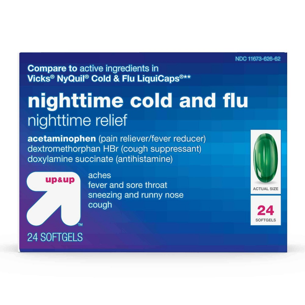 Nighttime Cold & Flu Relief Softgels - 24ct - up & up Compare to Vicks NyQuil Cold and Flu active ingredients. Get powerful nighttime relief with Nite Time Cold and Flu Relief Softgels. This cold and flu medicine helps relieve major flu symptoms so you can rest. This product contains a pain reliever, fever reducer, cough suppressant and antihistamine for multi-symptom relief of aches, fever, sore throat, sneezing, runny nose and cough. This product is gluten free and alcohol free. Does not contain pseudoephedrine. Age Group: adult.