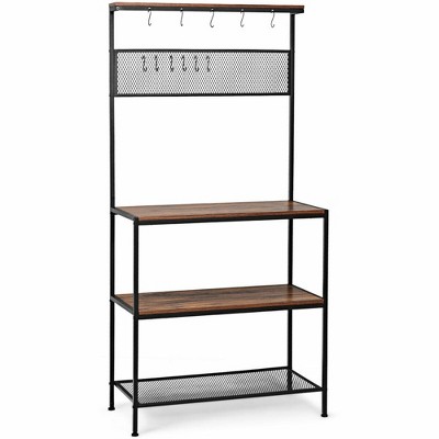 Industrial Black and Brown 4-Tier Kitchen Baker's Rack with Hooks