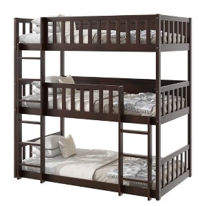 TiramisuBest Twin Size Triple Rubber Wood Bunk Bed with Ladders & Guardrails, Detachable Twin over Twin over Twin, Natural - 1 of 4