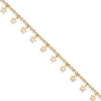 Black Bow Jewelry 14k Yellow Gold Dangling Stars 1.5mm Cable Chain Anklet, 9-10 Inch