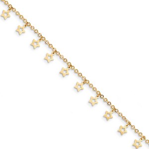 Black Bow Jewelry 14k Yellow Gold Dangling Stars 1.5mm Cable Chain Anklet, 9-10 Inch - 1 of 4