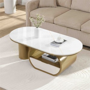RISOKEYS Luxury Modern Oval Coffee Table - 47.24'' Coffee Table with Storage Drawer, Faux Marble Top, Golden Metal Center Table for Living Room - 1 of 4