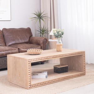 47.6" Rustic Rectangular Coffee Table with Beaded Edge and Open Shelf, Natural Wood Centerpiece for Living Room -3irtyhousy - 1 of 4