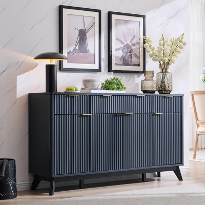 60" Buffet Sideboard Cabinet, Fluted Coffee Bar Table with 3 Drawers & 4 Doors, Modern Sideboard for Dining Room, Living Room