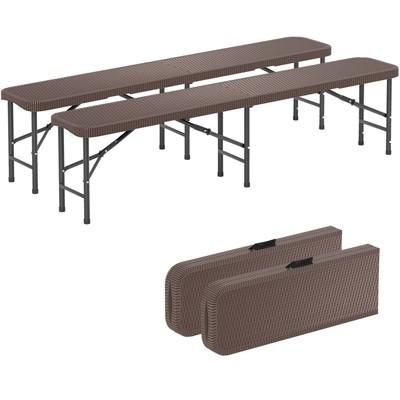 Tangkula Set Of 2 6FT Plastic Folding Bench Portable Foldable Bench Seat Rattan-Like HDPE Thickened Long Seat with Handle & Lock
