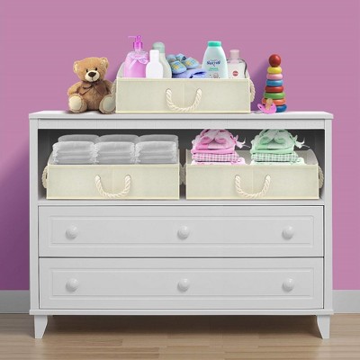 Beige Fabric Collapsible Storage Bins with Rope Handles, Set of 3