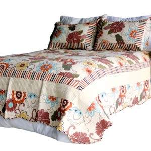 Slickblue Full/Queen Floral Cotton Quilt Set, Vermicelli Quilted Patchwork, 3PC Bedding with Shams - 1 of 4