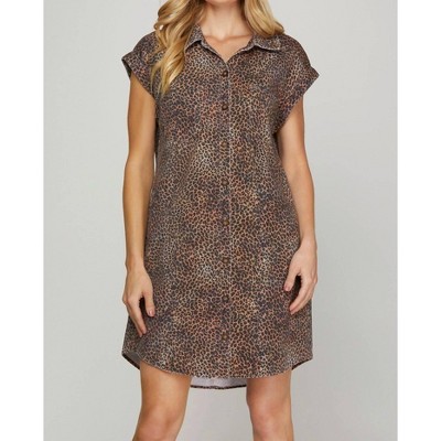 Women's Leopard Twill Washed Shirt Dress - SHE + SKY