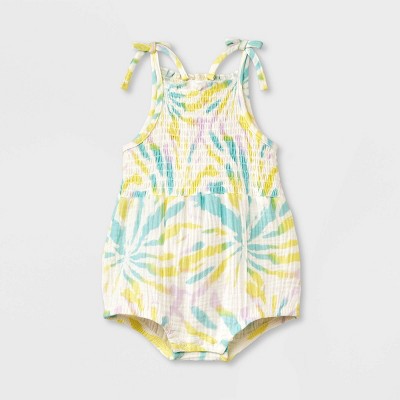 Image of Grayson Mini Baby Girls' Tie-Dye Smocked Gauze Bubble Romper - Yellow/Blue 6-9M