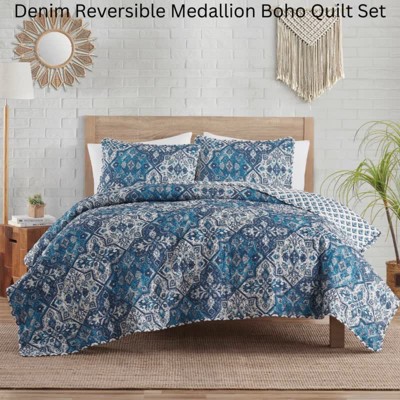 Blue Medallion Reversible Twin Microfiber Quilt Set