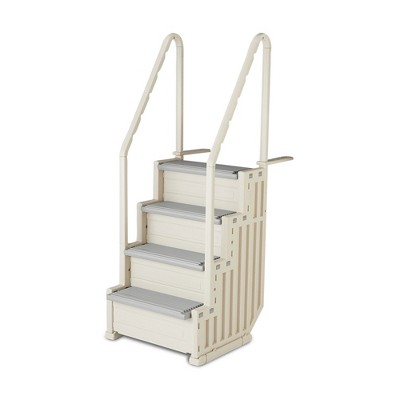 Confer STEP-1 Stair Ladder Entry System with 4 Steps and 2 Handrails for Flat Bottom Above Ground Swimming Pool, Snap-In Installation, Warm Grey