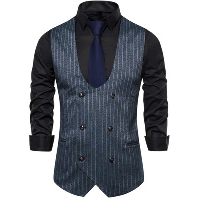 Lars Amadeus Men's Slim Fit Double Breasted Formal Striped Waistcoat