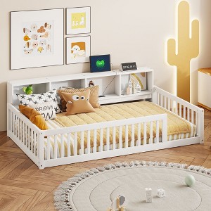 CAVINAS Twin XL Size Wooden Bed Frame with Storage Cabinets & USB Ports,Modern Floor Bed for Kids Room,Playroom - 1 of 4