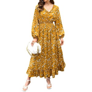Coolmee Women Casual Maxi Dresses Long Sleeve V Neck Floral Ruffle Boho Long Dress Wedding Guest Dress - 1 of 4