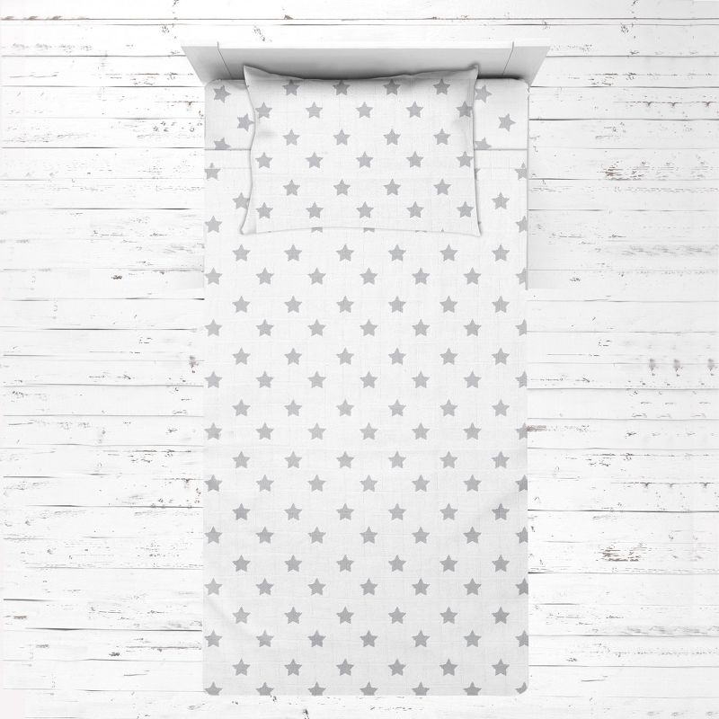 Bacati - Stars Gray Muslin 3 pc Toddler Bed Sheet Set 100 percent cotton, 1 of 7