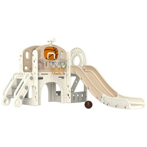 Whisen 7-in-1 Toddler Slide Playset with Ring Toss, Basketball Hoop, Telescope, Climber, Storage Space, Gift for Kids - Cream White - 1 of 4