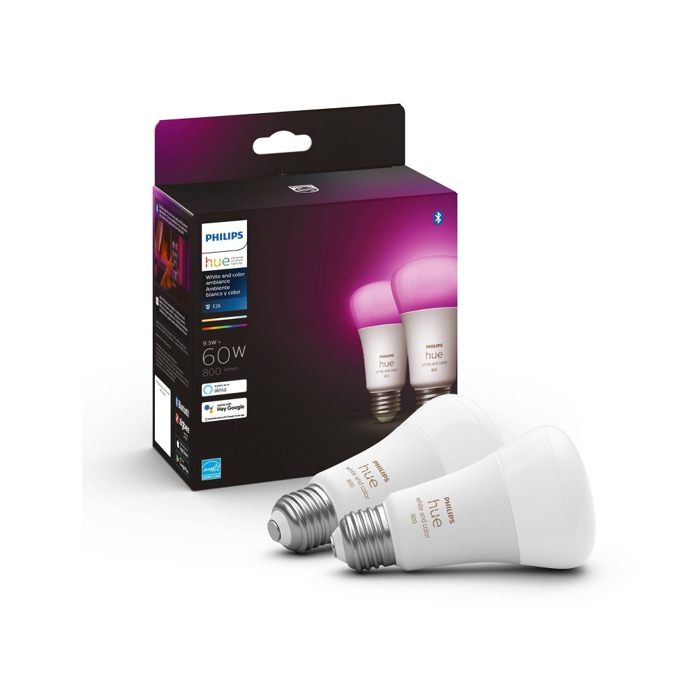 Photos - Light Bulb Philips 2pk  Hue A19 60W : LED, Dimmable, 800 Lumens, Google Home & Apple HomeKit Compatible, Energy Star Certifie 