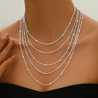 Paaaawaters Plated Multi-Layer Thin Chain Necklace With Round Beads, Handmade Designer Jewelry For Women