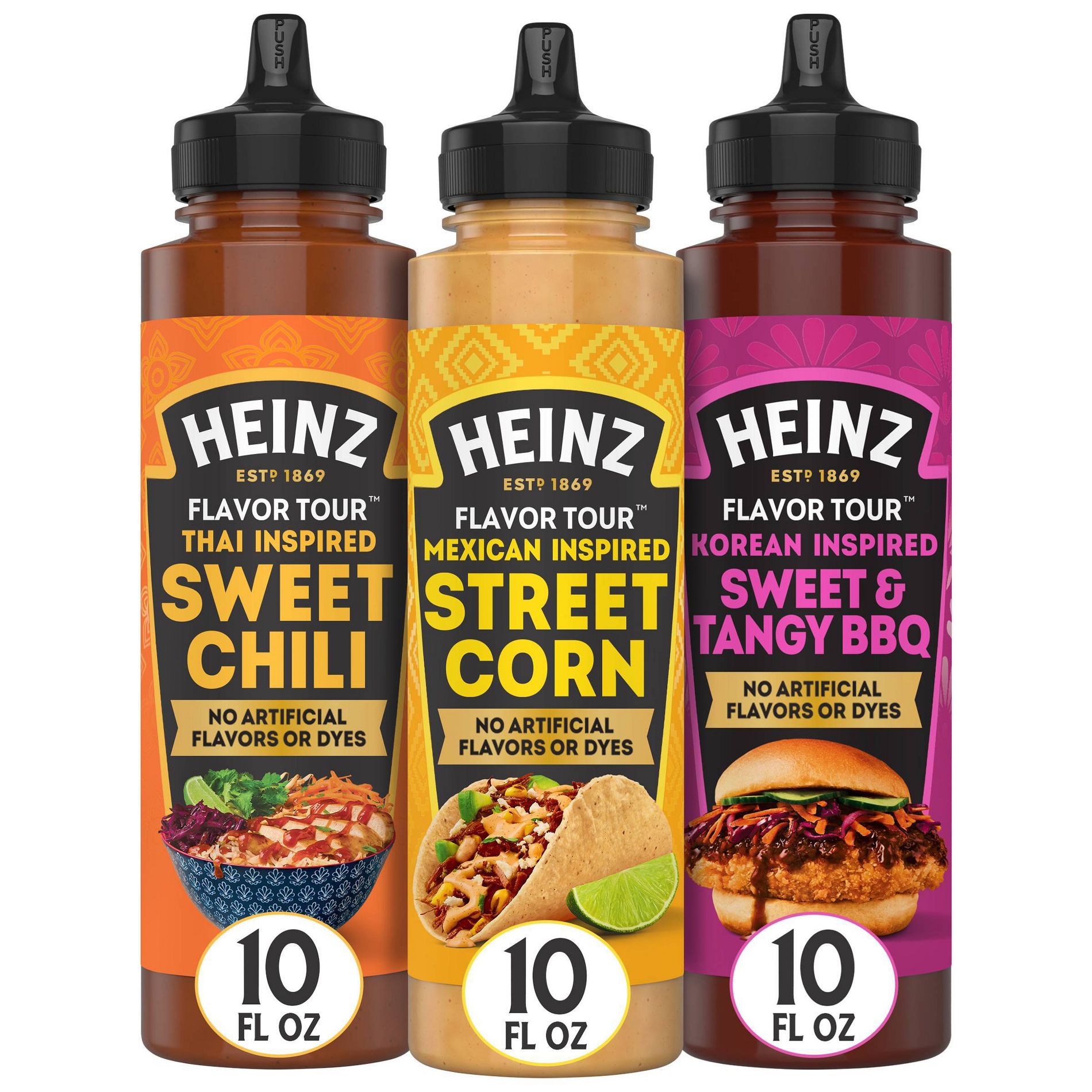 Heinz Favor Tour Sauce 10 fl oz Korean Inspired Sweet and Tangy BBQ + 10 fl oz Mexican Inspired Street Corn + 10 fl oz Thai Inspired Sweet Chili