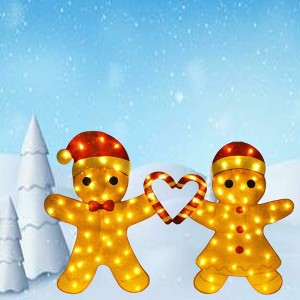 Delightful Light Up Gingerbread Man Couple with Heart-Shaped Candy Cane - 1 of 4