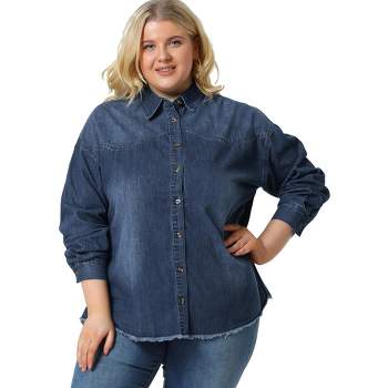 Agnes Orinda Women's Plus Size Regular Fit Button Down Long Sleeve Denim Shirts