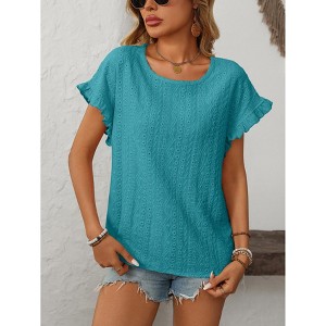 Womens Summer Ruffle Short Sleeve Round Neck Shirts Casual Loose Fitting Hollow Out Top - 1 of 4